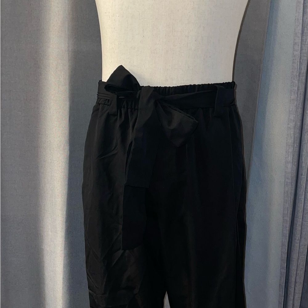 Korean Style Loose fit black pants with ribbon bow tie belt